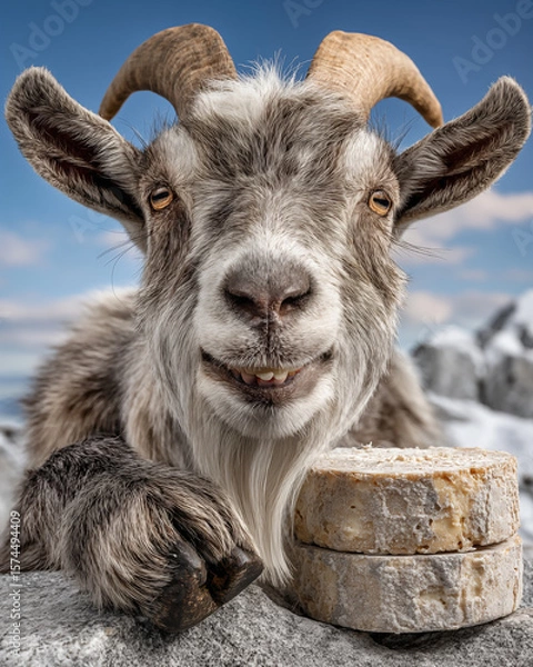 Obraz Portrait of a goat with cheese on the background of the mountains