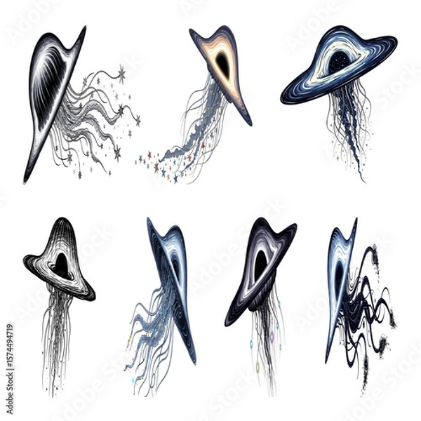 Fototapeta Black hole jellyfish vector set concept art, alien organism creatures sketches on a transparent background.