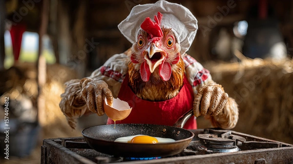Obraz Funny rooster in a red apron and hat is preparing eggs for rooster.