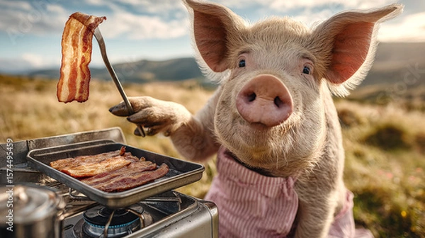 Obraz Funny piglet cooking bacon on barbecue grill in the mountains.
