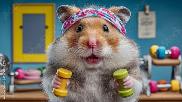 Obraz Cute hamster in a fitness studio with dumbbells.