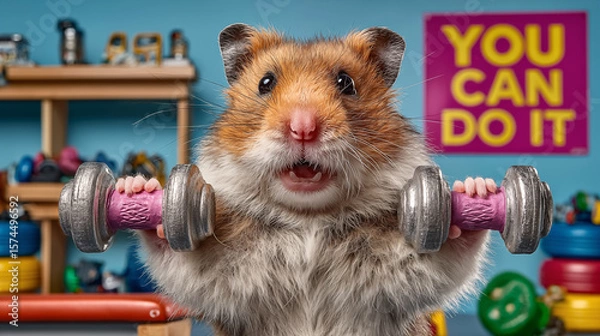 Obraz Funny hamster is training with dumbbells in the gym.