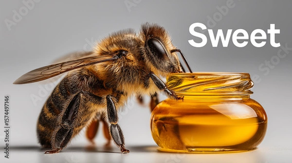 Obraz Bee collecting honey in a glass jar on gray background with sample text