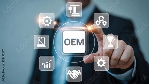 Obraz Businessman pointing at OEM technology interface for process optimization