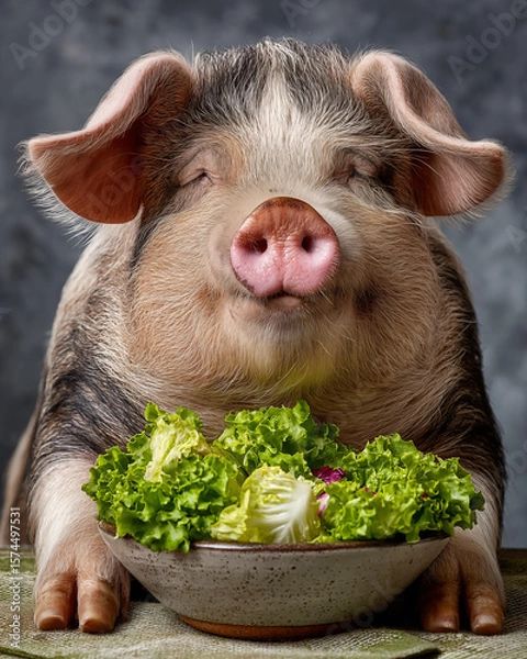 Obraz Cute little pig with lettuce and salad in bowl on dark background