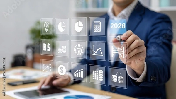Obraz Businessman pointing to 2026 on a futuristic touchscreen display
