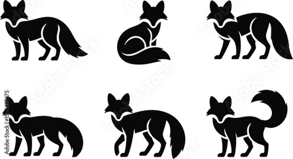 Fototapeta Collection of stylized black fox silhouettes in various poses 