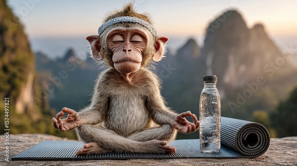 Obraz Monkey sitting on yoga mat and meditating with bottle of water.