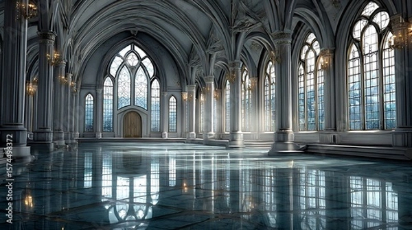 Fototapeta Grand gothic hall with ornate arches and reflective marble floor bathed in natural light
