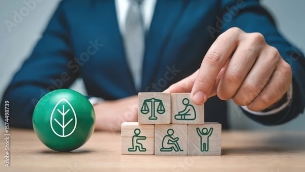 Obraz ESG concept displaying environmental, social, governance on wooden blocks