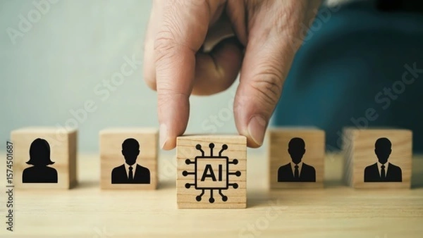 Obraz Wooden blocks present AI and human figures, representing automation
