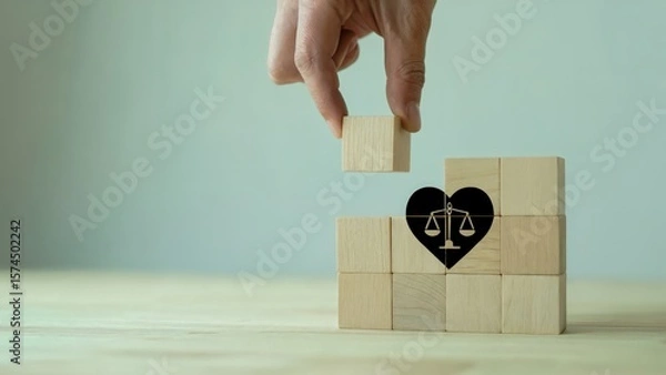 Obraz Concept of justice and love with wooden blocks forming scales