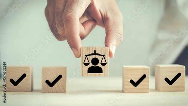 Obraz Justice icon is placed in a row of wooden check mark blocks
