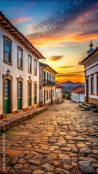 Fototapeta Ancient architecture and stones with colonial style buildings at sunset in Pirenopolis Goias Brazil