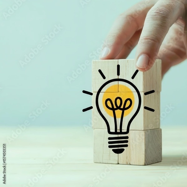 Obraz Lightbulb idea on wooden blocks with a hand placing the top piece