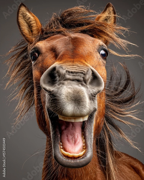 Obraz Funny face of a horse with open mouth on a gray background