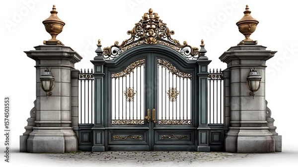 Fototapeta Ornate grand entrance gates featuring detailed metalwork and stone pillars with elegant lighting fixtures