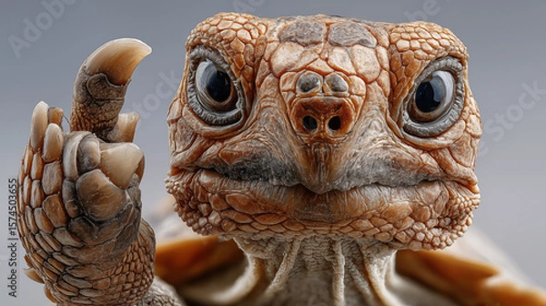 Obraz Close-up of a tortoise with an angry face on a gray background