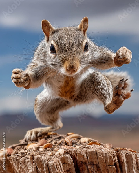 Obraz Close up of a grey squirrel balancing on a piece of wood.