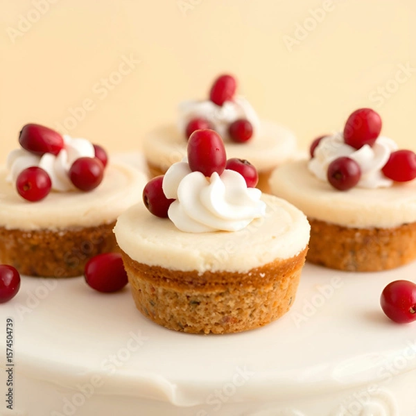 Obraz Watercolor painting of three chocolate cupcakes with white frosting and red cranberries holiday dessert close up