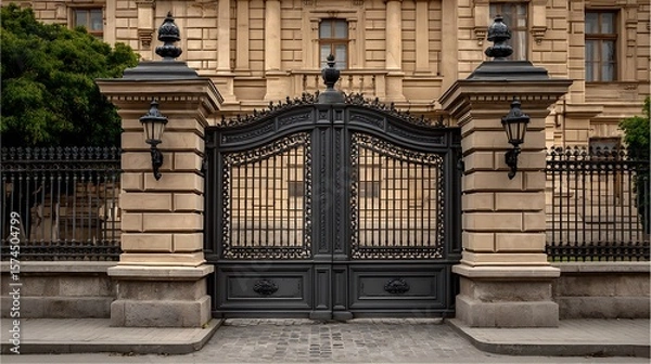 Fototapeta Ornate black wrought iron gates guarding a grand stone building with elegant lampposts