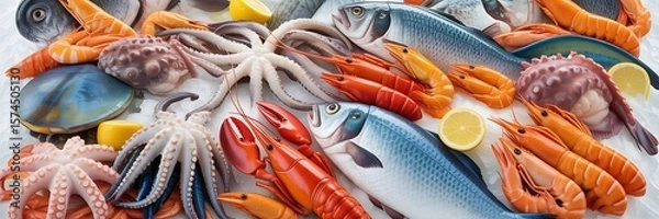 Obraz Assortment of fresh seafood including fish shrimp lobster octopus and lemon slices