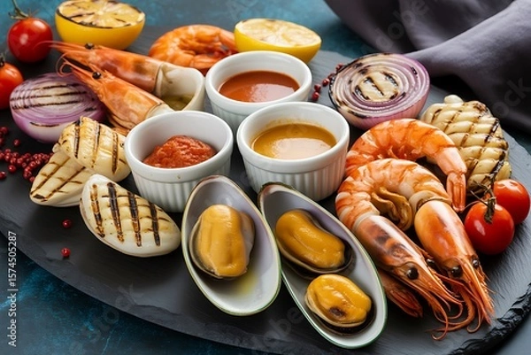 Obraz Delicious grilled seafood platter with prawns mussels and dipping sauces