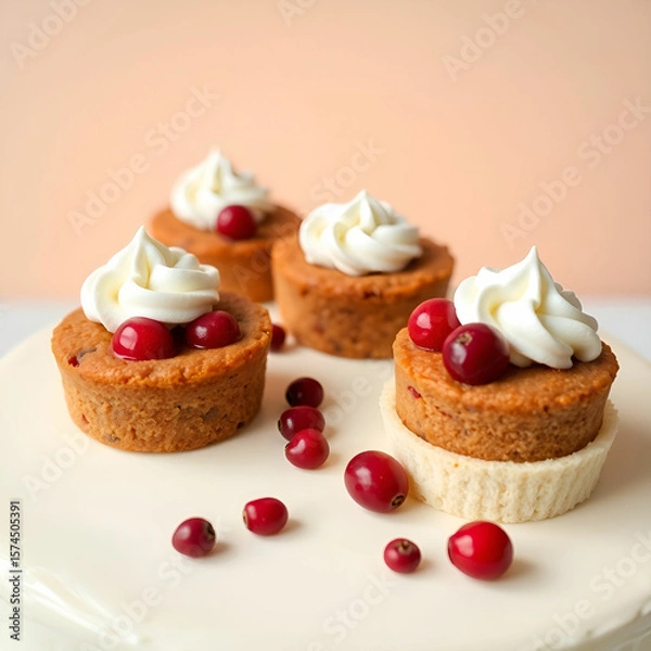 Obraz Watercolor painting of three chocolate cupcakes with white frosting and red cranberries holiday dessert close up