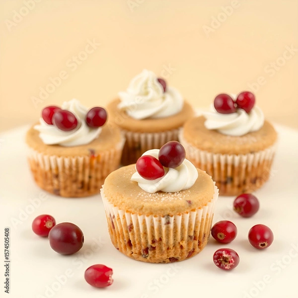 Obraz Watercolor painting of three chocolate cupcakes with white frosting and red cranberries holiday dessert close up