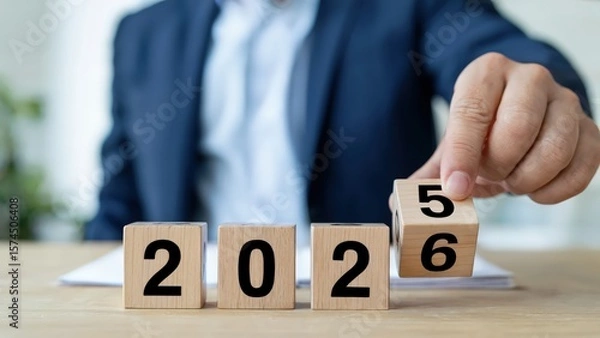 Obraz Person forming the year 2026 with wooden blocks on a table