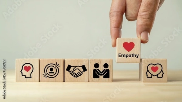 Obraz Building empathy with wooden blocks showing heart and connection