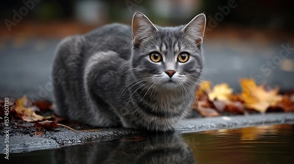 Fototapeta A curious grey tabby cat with striking yellow eyes sits by a puddle reflecting autumn leaves