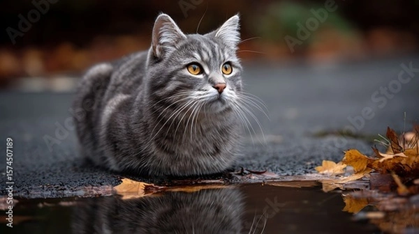 Fototapeta A curious tabby cat with bright amber eyes sits attentively beside a puddle reflecting autumn leaves