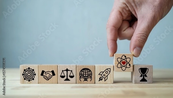 Obraz Building success with wooden blocks and business growth symbols