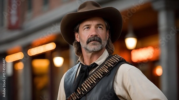 Fototapeta Rugged cowboy with ammunition belt looks off into the distance with a determined expression