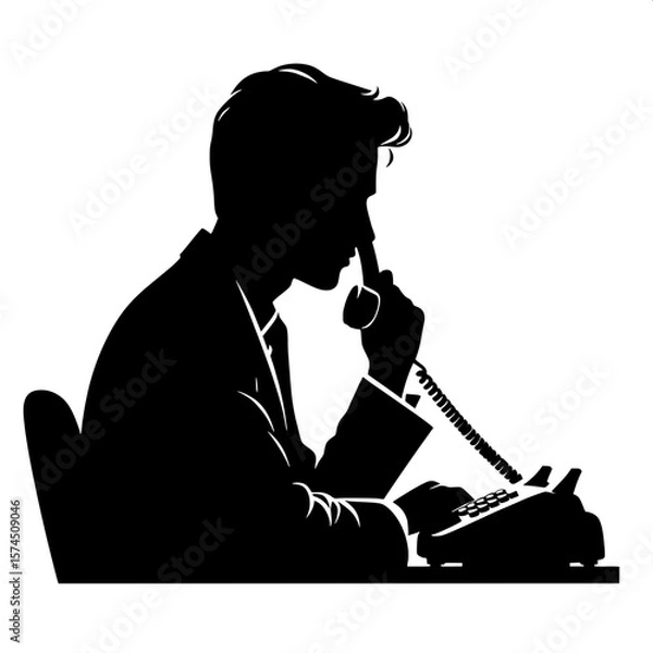 Fototapeta Black and White Vector Silhouette of a Man Using Office Phone