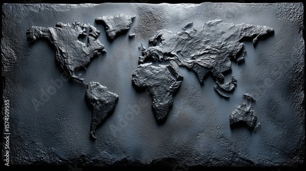 Fototapeta Detailed textured world map displayed on a dark surface