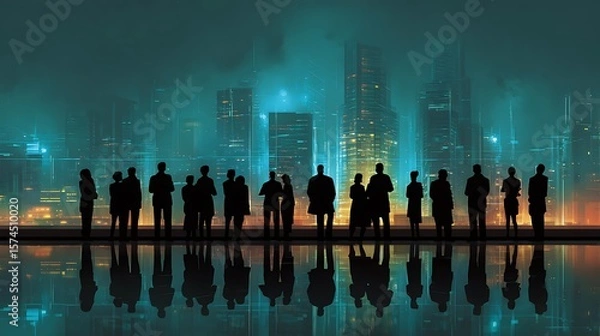 Fototapeta Silhouetted business professionals observe a futuristic cityscape with vibrant lights and reflections