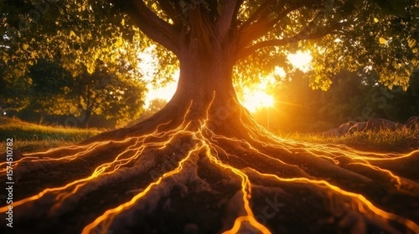 Fototapeta Ethereal Glowing Roots Spreading in Mystical Forest Light