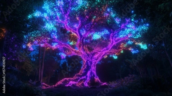 Fototapeta Glowing Neon Tree in a Digital Forest Background