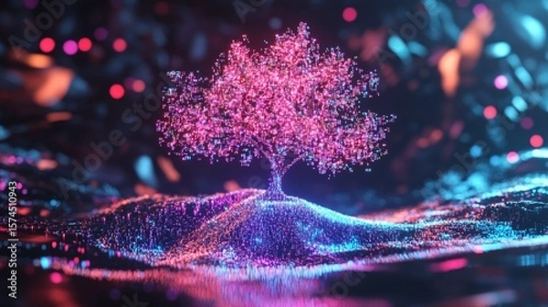 Fototapeta Glowing Neon Tree in a Digital Forest Scene