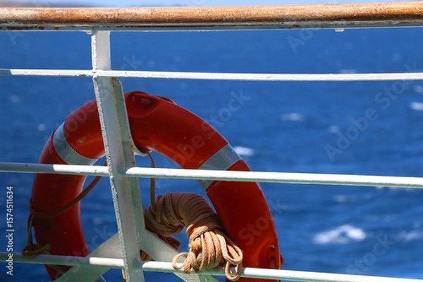 Obraz Lifebuoy on the boat. Selective focus.