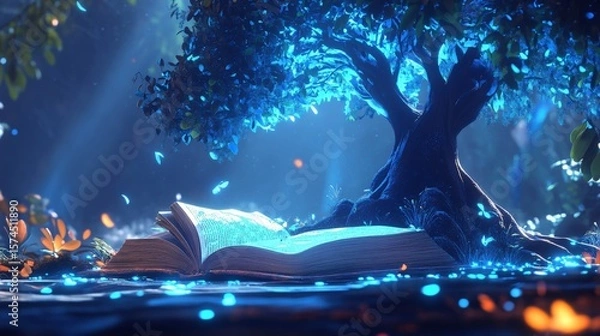 Fototapeta Mystical Tree Growing from Open Book in Forest