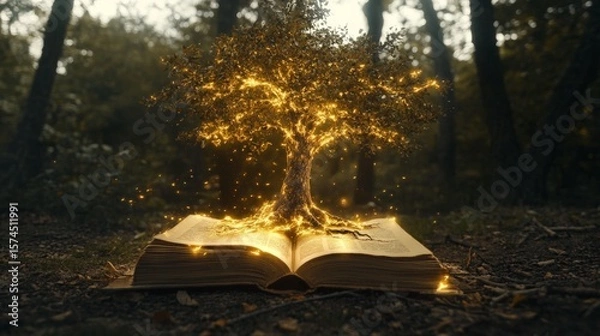 Fototapeta Mystical Tree Growing from an Open Book in Forest