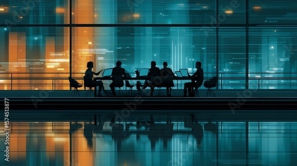 Fototapeta Silhouetted business team collaborates around a table in a modern office with a city skyline view at night