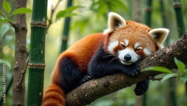Obraz Red panda resting peacefully on bamboo tree
