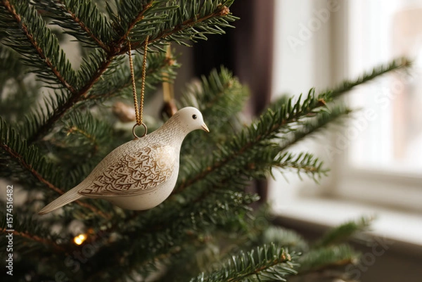 Fototapeta white dove on a branch of christmas tree