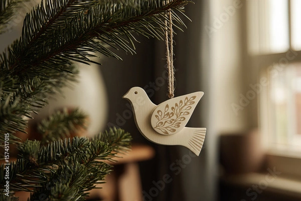 Fototapeta white dove on a branch of christmas tree