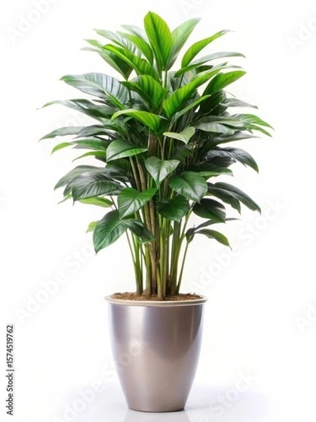 Fototapeta A tall indoor plant in a large pot with lush green leaves and vibrant foliage standing alone against a plain white background
