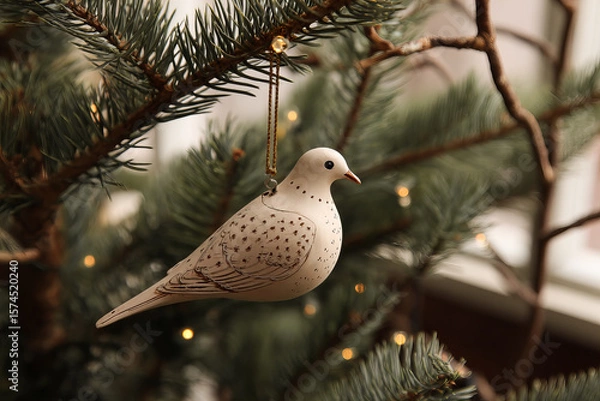 Fototapeta white dove on a branch of christmas tree
